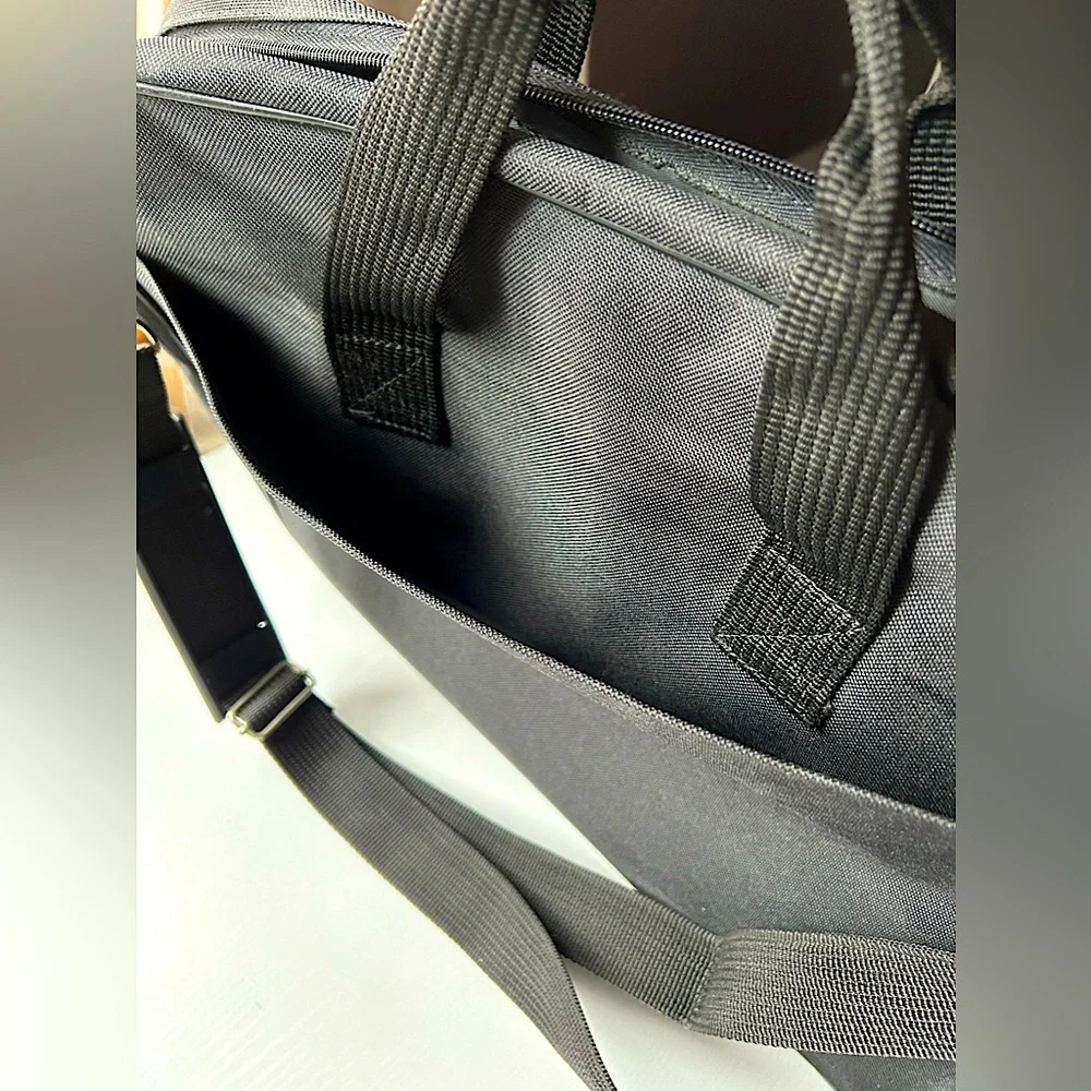 EUC black messenger tote adjustable shoulder strap handles gold hardware